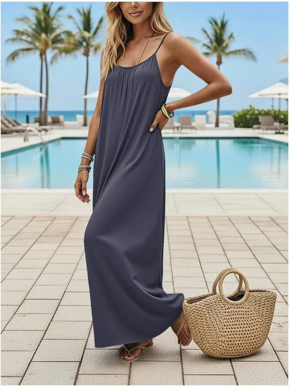Women's Open Back Spaghetti Strap Beach Maxi Dress Dark Grey Flowy Sundress - Picture 5 of 5